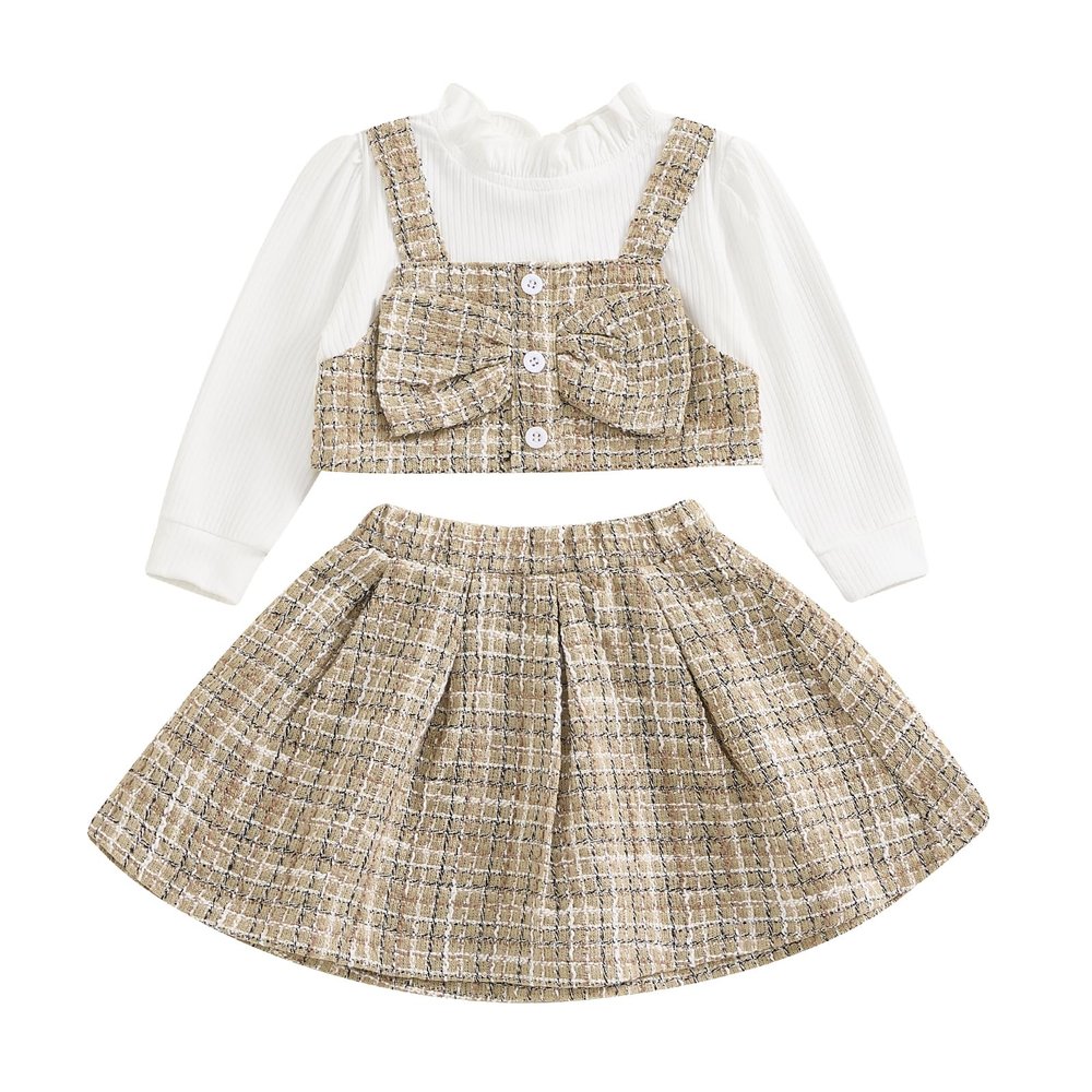 Honganda Toddler Baby Girl Tweed Skirt Set Ruffled Crew Neck Long Sleeve Fake Two-piece Crop Top+Short Skirt Fall Outfit (Khaki, 2-3T)