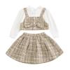 Honganda Toddler Baby Girl Tweed Skirt Set Ruffled Crew Neck Long Sleeve Fake Two-piece Crop Top+Short Skirt Fall Outfit (Khaki, 2-3T) view 1