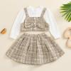 Honganda Toddler Baby Girl Tweed Skirt Set Ruffled Crew Neck Long Sleeve Fake Two-piece Crop Top+Short Skirt Fall Outfit (Khaki, 2-3T) view 2