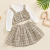Honganda Toddler Baby Girl Tweed Skirt Set Ruffled Crew Neck Long Sleeve Fake Two-piece Crop Top+Short Skirt Fall Outfit (Khaki, 2-3T) view 3