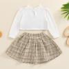 Honganda Toddler Baby Girl Tweed Skirt Set Ruffled Crew Neck Long Sleeve Fake Two-piece Crop Top+Short Skirt Fall Outfit (Khaki, 12-18 Months) view 4