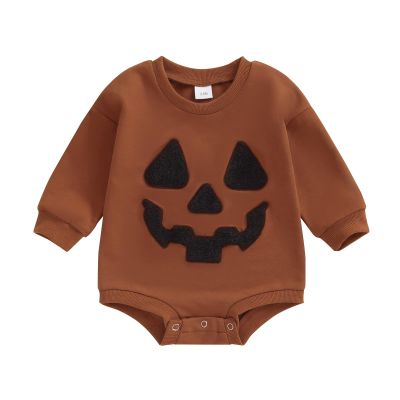 Baby Halloween Outfit Boy Girl Pumpkin Patch Sweatshirt Bubble Romper Sweater Shirt Cute Newborn Toddler Clothes 12-18 Months Funny Pumpkin Brown