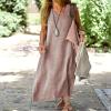 Zhyaj Cotton Maxi Dress for Womens Casual V-Neck Sleeveless Long Dress Summer Linen Loose Fit Flowy Beach Maxi Dress Gray Pink view 4