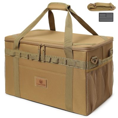Tactical Camping Storage Bag Utility Tote Bag Camping Kitchen Organizer with Axe Holder & Shoulder Strap (Coyote Brown, Large (46L))