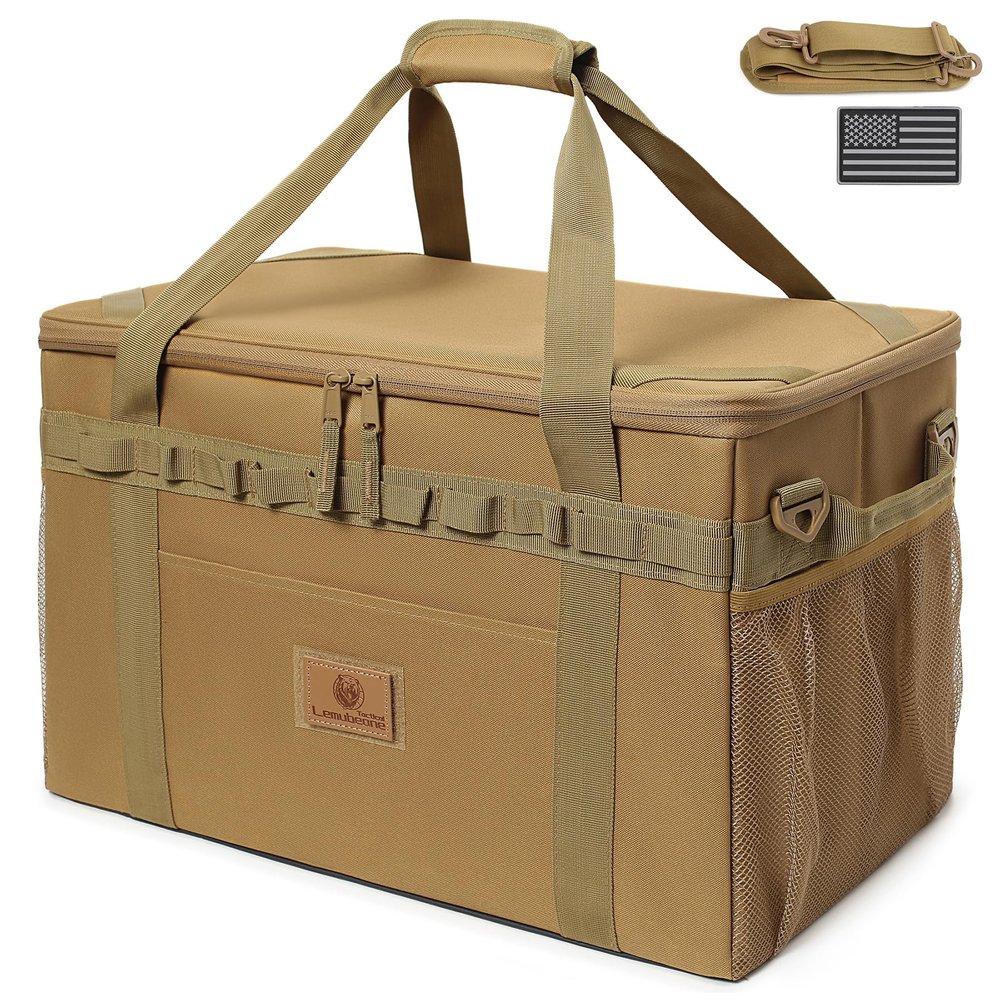 Tactical Camping Storage Bag Utility Tote Bag Camping Kitchen Organizer with Axe Holder & Shoulder Strap (Coyote Brown, Large (46L))