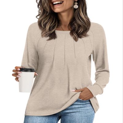Addtoo Womens 2026 Fall Tunic Plus Size Tops Casual Long Sleeve Pleated Blouse Warm Loose Tshirt XLarge Beige