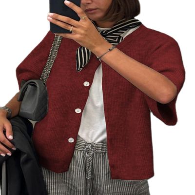 KMBANGI Women Knitted Cropped Blouse Short Sleeve Button Down Knit Shirt Crop Cardigan Y2k Open Front Pullover Tops(Dark Red,M)