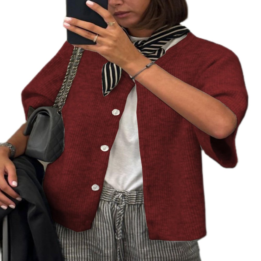 KMBANGI Women Knitted Cropped Blouse Short Sleeve Button Down Knit Shirt Crop Cardigan Y2k Open Front Pullover Tops(Dark Red,M)