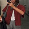 KMBANGI Women Knitted Cropped Blouse Short Sleeve Button Down Knit Shirt Crop Cardigan Y2k Open Front Pullover Tops(Dark Red,M) view 3