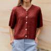 KMBANGI Women Knitted Cropped Blouse Short Sleeve Button Down Knit Shirt Crop Cardigan Y2k Open Front Pullover Tops(Dark Red,M) view 4