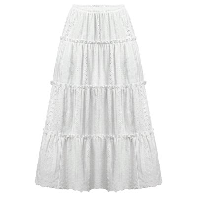 Women's Lace Embroidery Eyelet Maxi Skirt High Elastic Waisted Tiered A-Line Flowy Swing Boho Midi Long Skirts White