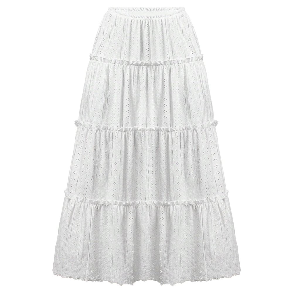 Women's Lace Embroidery Eyelet Maxi Skirt High Elastic Waisted Tiered A-Line Flowy Swing Boho Midi Long Skirts White