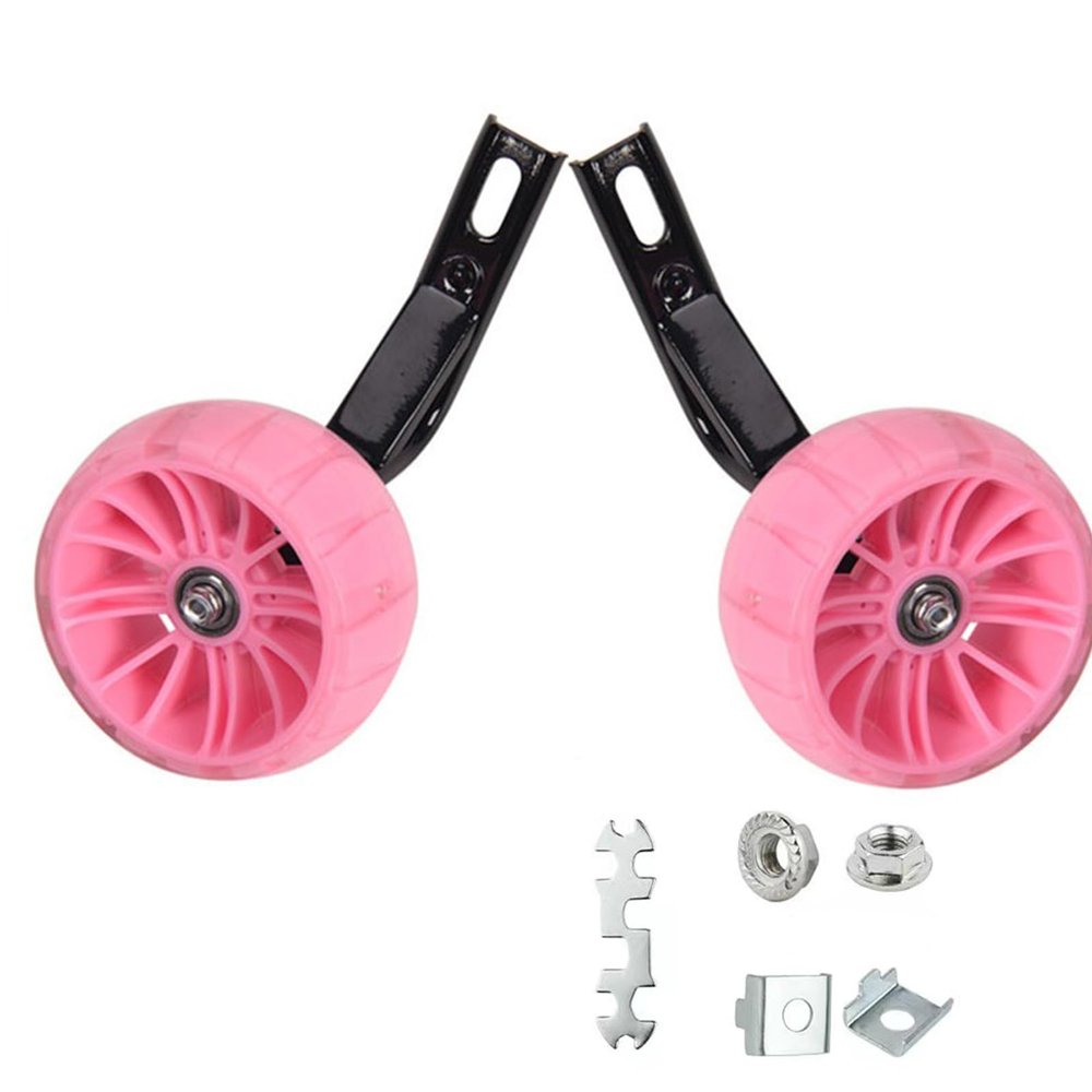 A pair Bike Training Wheels 12inch 14inch 16inch 18inch Bicycle Wheels for Kids with Flashing Lights with Tools (Pink,16inch)