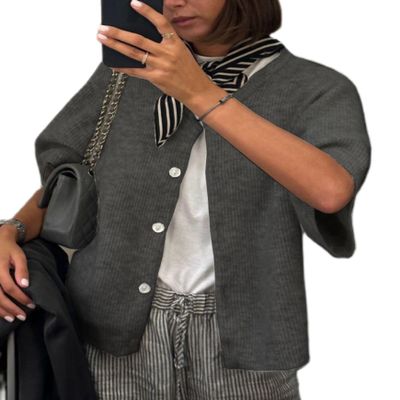 KMBANGI Women Knitted Cropped Blouse Short Sleeve Button Down Knit Shirt Crop Cardigan Y2k Open Front Pullover Tops(Dark Gray,S)
