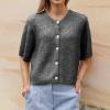 KMBANGI Women Knitted Cropped Blouse Short Sleeve Button Down Knit Shirt Crop Cardigan Y2k Open Front Pullover Tops(Dark Gray,S) view 3