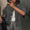 KMBANGI Women Knitted Cropped Blouse Short Sleeve Button Down Knit Shirt Crop Cardigan Y2k Open Front Pullover Tops(Dark Gray,S) view 4