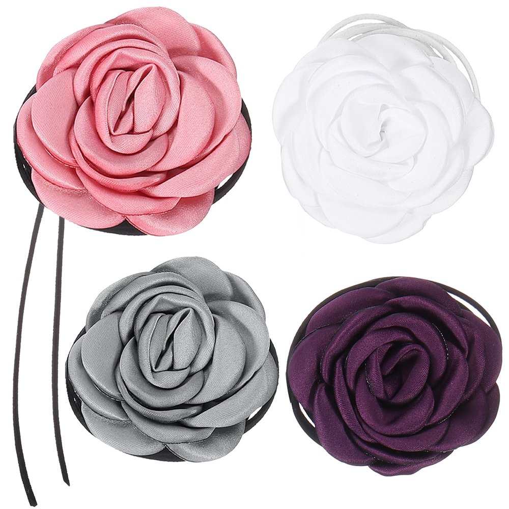uxcell 4pcs Flower Chokers Necklace for Women, Big Rose Floral Chokers Accessories Summer Necklace Party Jewelry for Women, Pink/Purple/White/Grey