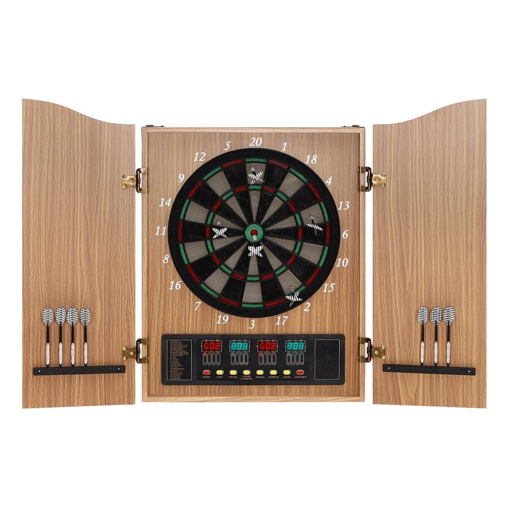 AGULIUM Dart Board Cabinet Set Electronic Dart Machine with 4 LED Displays 12 Darts 88 Dart Heads 27 Games and 243 Variations Up to 16 Players(Yellow)