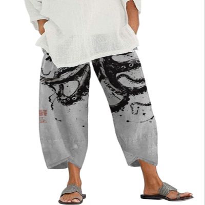 DMOYALA Capris Linen Pants for Women Ocean Japanese Art Printed Octopus Ink Grey Baggy Cropped Trousers Wide Leg Elastic Waist Comfy Loose Pallazzo Pant for Beach Vacations 3XL
