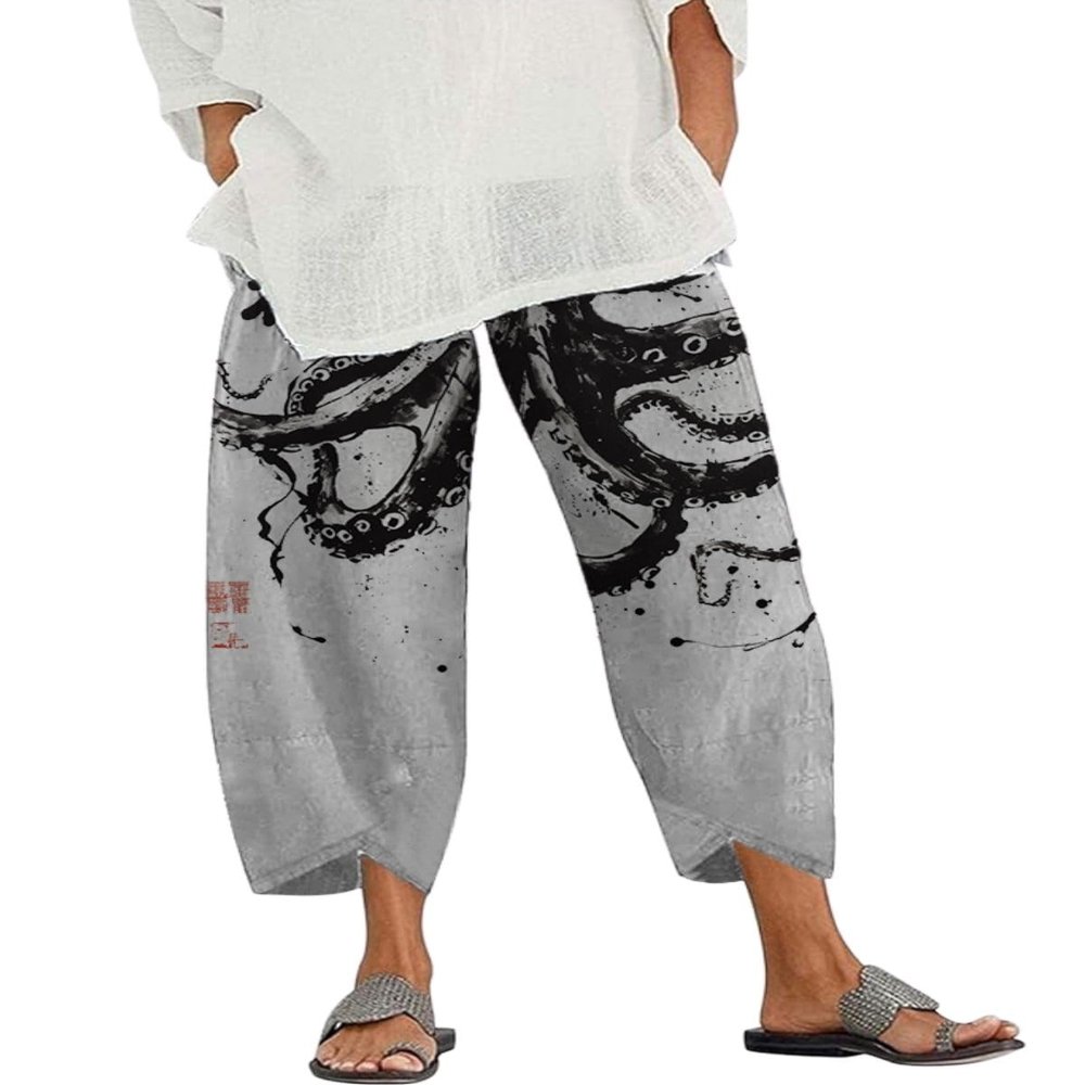 DMOYALA Capris Linen Pants for Women Ocean Japanese Art Printed Octopus Ink Grey Baggy Cropped Trousers Wide Leg Elastic Waist Comfy Loose Pallazzo Pant for Beach Vacations 3XL