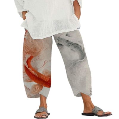 DMOYALA Capris Linen Pants for Women Ocean Japanese Art Printed Fish Red Baggy Cropped Trousers Wide Leg Elastic Waist Comfy Loose Pallazzo Pant for Beach Vacations 2XL