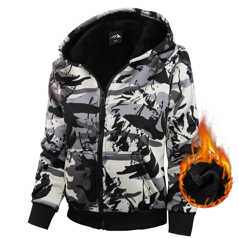 Boy's Zip Up Hoodie Heavyweight Winter Sweatshirt Fleece Sherpa Lined Warm Jacket (10-12, 12#white camouflage)