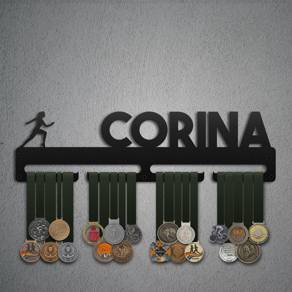 Bafidica Personalized Running Metal Medal Hanger Custom Woman Runner Metal Medal Display Rack Customizable Sport Medal Holder Medal Frame (Black, 27.55 Inch / 3 Hanger)