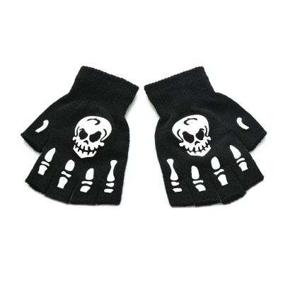 caralin Unisex Adult Halloween Skeleton Skull Half Finger Gloves Glow in The Dark Fingerless Stretch Knitted Winter Mittens Black