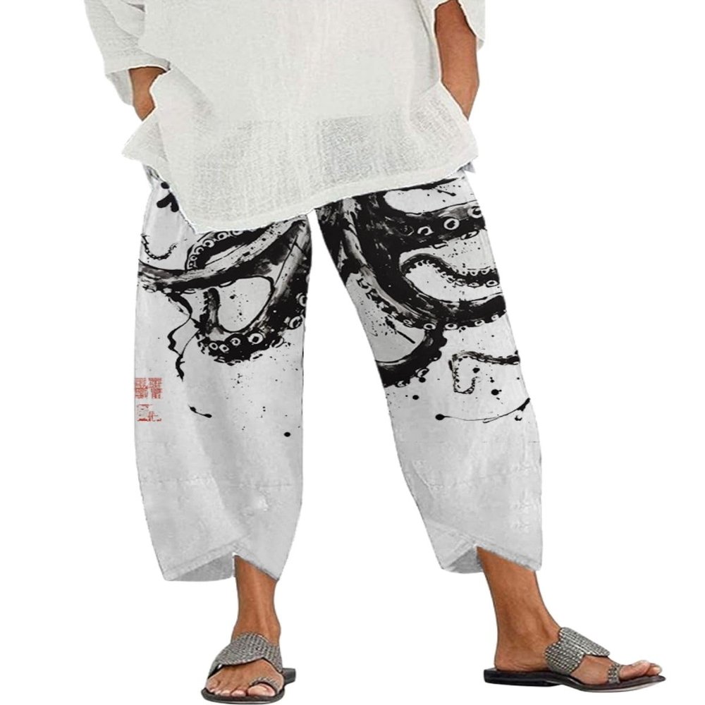 DMOYALA Capris Linen Pants for Women Ocean Japanese Art Printed Octopus Ink Black Baggy Cropped Trousers Wide Leg Elastic Waist Comfy Loose Pallazzo Pant for Beach Vacations XL