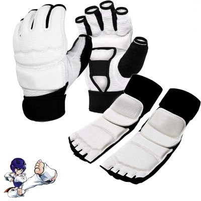NineFit Basics Taekwondo Karate Gloves & Sparring Gear Foot Protector Set, Enhanced Protection Foot Guard and Half-Finger Glove Kit for Punch Bag Training, MMA, and Kickboxing (L), Large, White