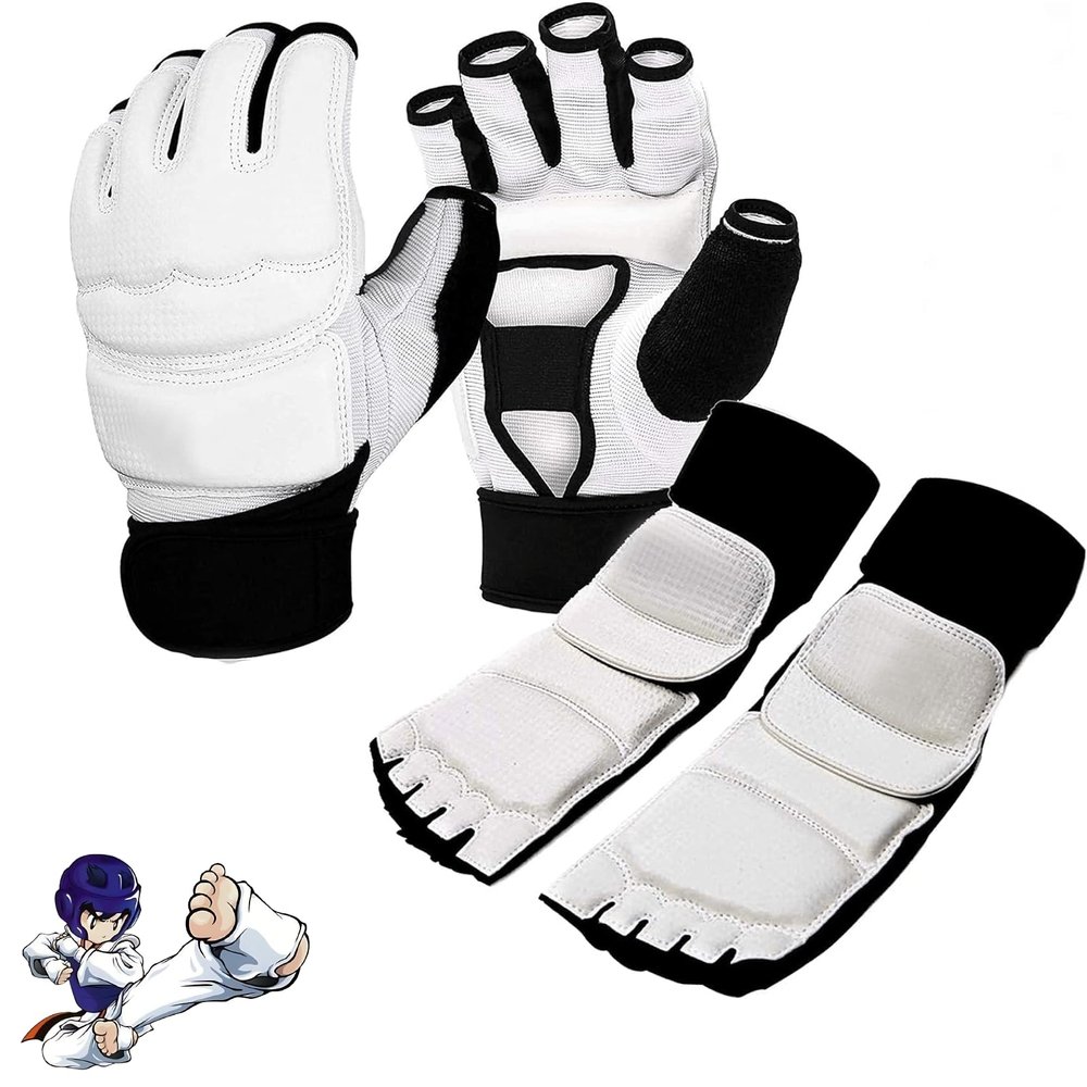 NineFit Basics Taekwondo Karate Gloves & Sparring Gear Foot Protector Set, Enhanced Protection Foot Guard and Half-Finger Glove Kit for Punch Bag Training, MMA, and Kickboxing (L), Large, White
