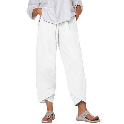 DMOYALA Capris Linen Pants for Women Solid White Baggy Cropped Trousers Wide Leg Elastic Waist Comfy Loose Pallazzo Pant for Beach Vacations 4XL
