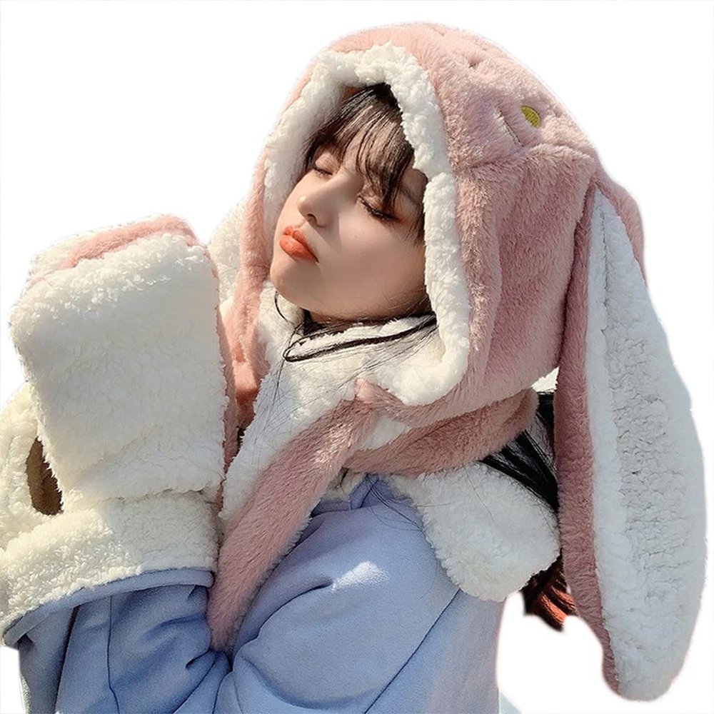 caralin Fashion Teenager Cartoon Plush 3in1 Hats Gloves Scarf Suits Women Winter Outdoor Warm Students Warm Accessories Pink
