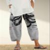 DMOYALA Capris Linen Pants for Women Ocean Japanese Art Printed Octopus Ink Grey Baggy Cropped Trousers Wide Leg Elastic Waist Comfy Loose Pallazzo Pant for Beach Vacations S view 2
