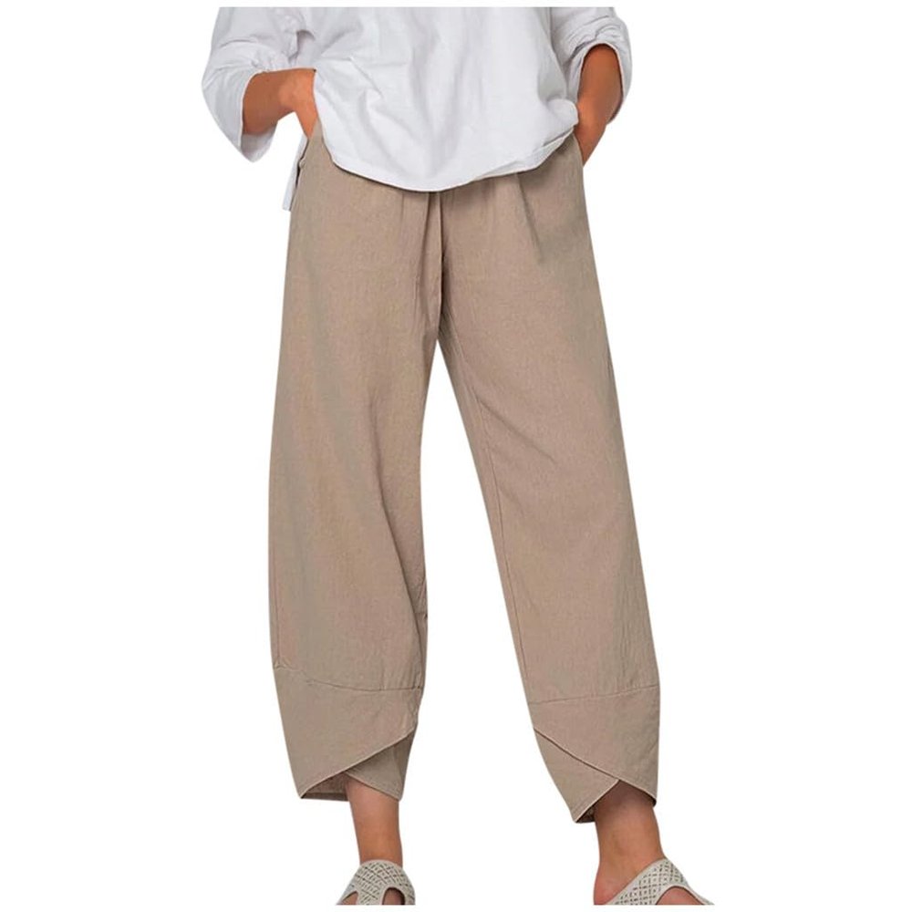 DMOYALA Capris Linen Pants for Women Solid Khaki Baggy Cropped Trousers Wide Leg Elastic Waist Comfy Loose Pallazzo Pant for Beach Vacations L