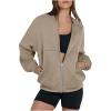 Akklian Women's Zip Up Sweatshirt Jacket No Hood Long Sleeve Casual Loose Outwear with Pockets 2024 Oversized Fashion Clothes Khaki