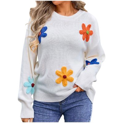 Akklian Women's Crewneck Long Sleeve Floral Printed Knitted Sweater Pullover Tops Cute Oversized Aesthetic Sweater 2024 Fall