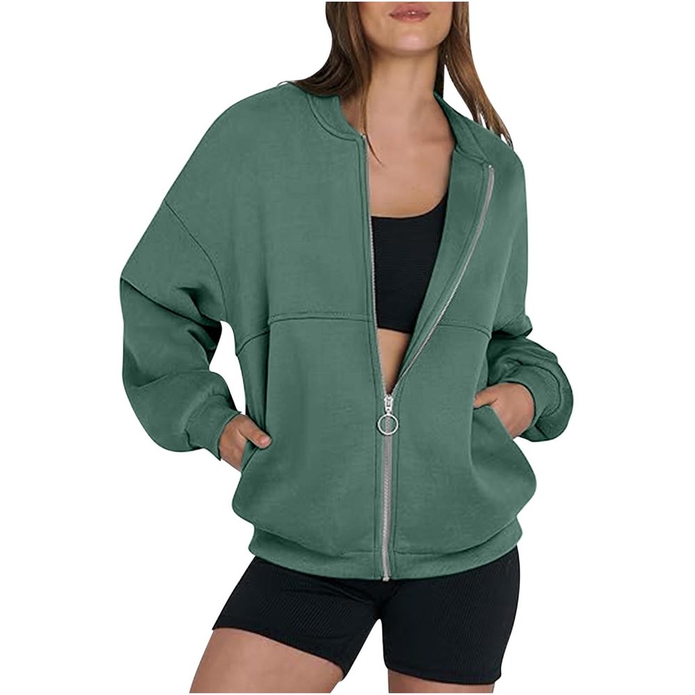 Akklian Women's Zip Up Sweatshirt Jacket No Hood Long Sleeve Casual Loose Outwear with Pockets 2024 Oversized Fashion Clothes Green