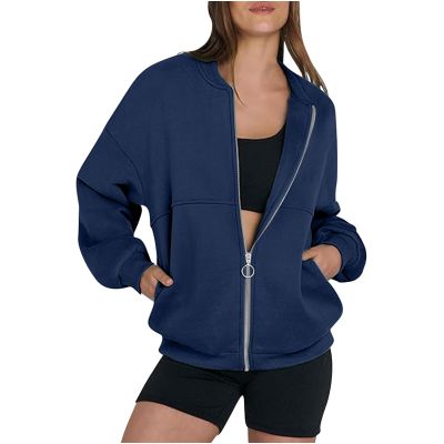 Akklian Women's Zip Up Sweatshirt Jacket No Hood Long Sleeve Casual Loose Outwear with Pockets 2024 Oversized Fashion Clothes Navy
