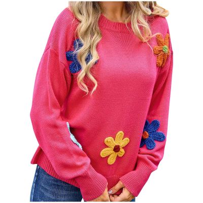 Akklian womens fashion Women's Crewneck Long Sleeve Floral Printed Knitted Sweater Pullover Tops Cute Oversized Aesthetic Sweater 2024 Fall