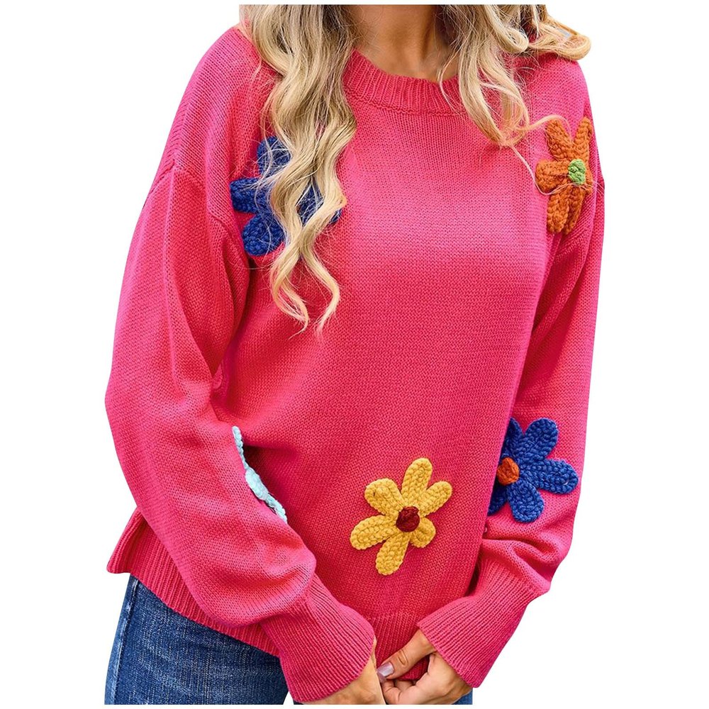 Akklian womens fashion Women's Crewneck Long Sleeve Floral Printed Knitted Sweater Pullover Tops Cute Oversized Aesthetic Sweater 2024 Fall