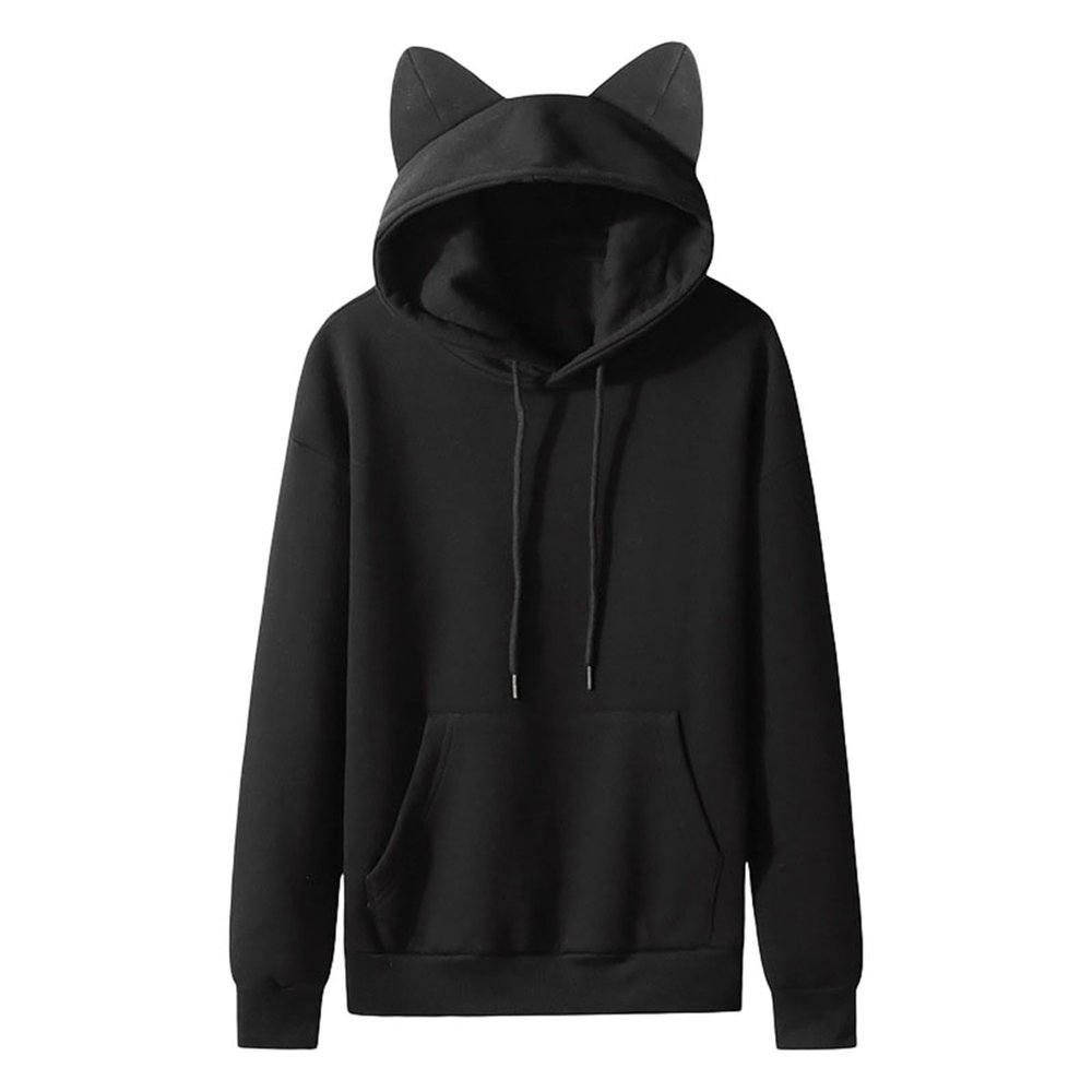 Men's Hoodie New Cat Ear Fleece Couple Solid Color Hooded Ladies Hoodie For Ladies Men's Lightweight Hoodi (Black, L)