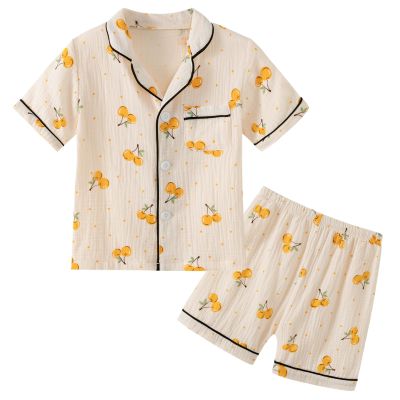 JWWN Kids Short Sleeve Pajama Set 100% Cotton Button Down Sleepwear Little Girls Boys Summer Soft Lounge Set (Cherry,6Years)
