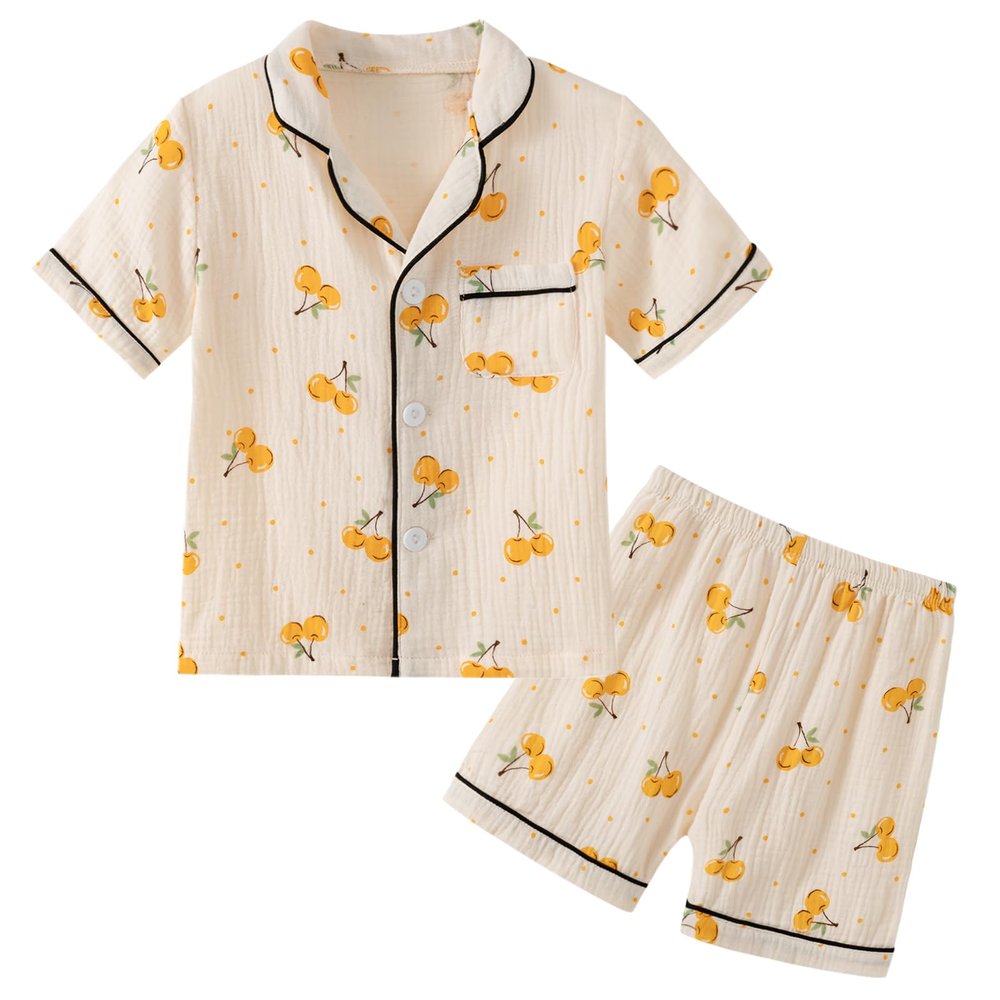 JWWN Kids Short Sleeve Pajama Set 100% Cotton Button Down Sleepwear Little Girls Boys Summer Soft Lounge Set (Cherry,6Years)