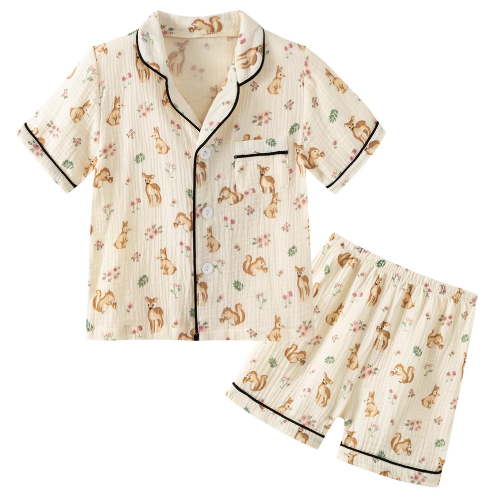 JWWN Kids Short Sleeve Pajama Set 100% Cotton Button Down Sleepwear Big Girls Boys Summer Soft Lounge Set (Squirrels,9Years)