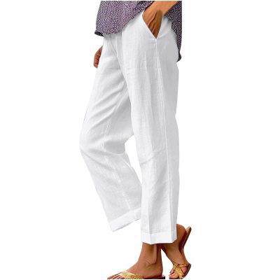JOFOW Palazzo Pants Women Linen Cargo Pants Women Linen Pants for Women 2024 Linen Pants Women Straight Leg (White-B,5X-Large)