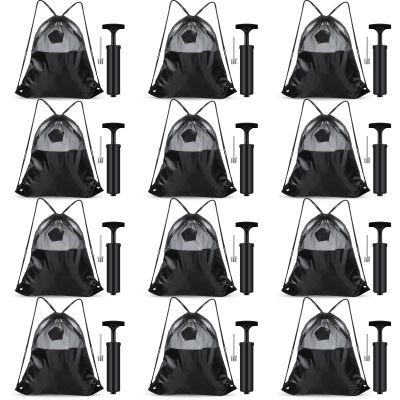Foilswirl 24 Pcs 12 Ball Pumps with Needles 12 Individual Mesh Soccer Bags, Air Hand Pump for Soccer Basketball, Mesh Drawstring Bags, Balls Not Included (Black)