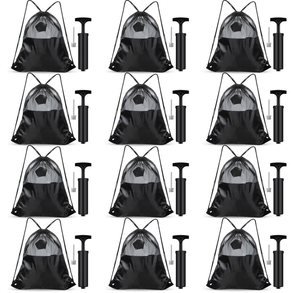 Foilswirl 24 Pcs 12 Ball Pumps with Needles 12 Individual Mesh Soccer Bags, Air Hand Pump for Soccer Basketball, Mesh Drawstring Bags, Balls Not Included (Black)