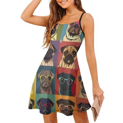 NineFit Basics Pug Dog Women's Slip Dresses Casual Mini Dress Sexy Swing Sundress for Beach Party S