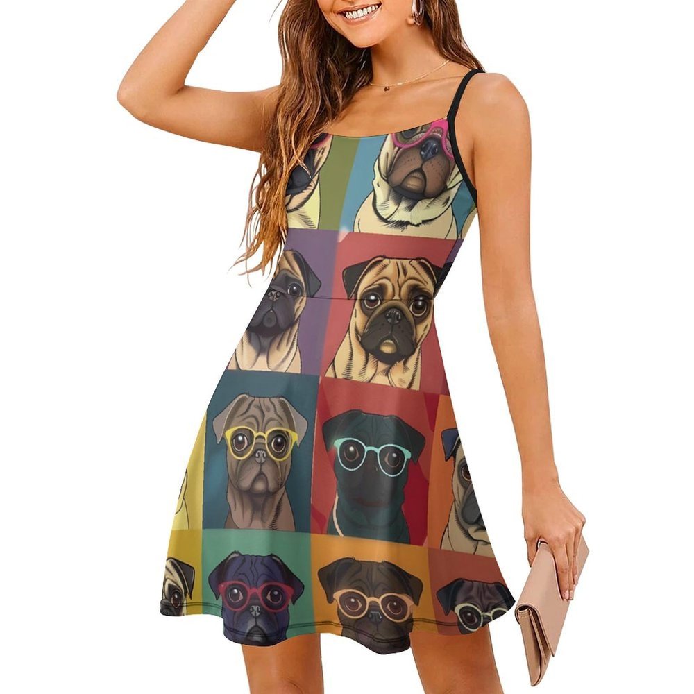 NineFit Basics Pug Dog Women's Slip Dresses Casual Mini Dress Sexy Swing Sundress for Beach Party S